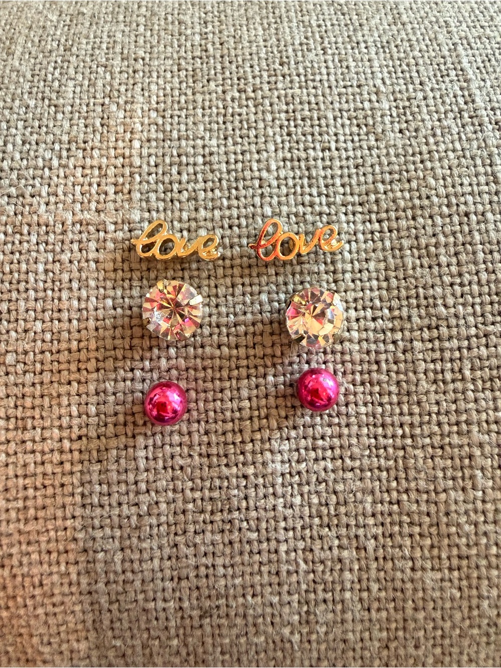 Gold "love" and Crystal Pink Stud Earring Trio